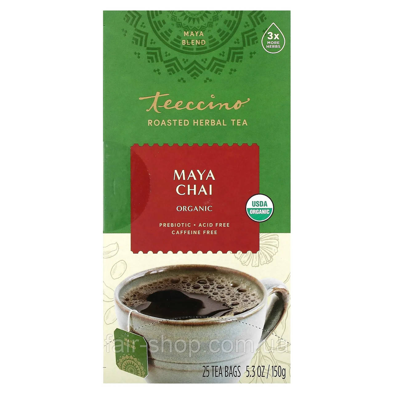 Лікувальні чаї Teeccino, Organic Roasted Herbal Tea, Maya Chai, Caffeine Free, 25 Tea Bags, 5.3 oz (150 g), оригінал. Доставка з, фото 1