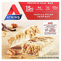 Питательные батончики Atkins, Protein Meal Bar, Vanilla Pecan Crisp Bar, 5 Bars, 1.69 oz (48 g) Each Доставка