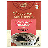 Лечебные чаи Teeccino, Mushroom Herbal Tea, Lion's Mane Rhodiola, Rose, Caffeine Free, 10 Tea Bags, 2.12 oz