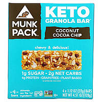 Батончики с гранолой Munk Pack, Keto Granola Bar, Coconut Cocoa Chip, 4 Bars, 1.12 oz (32 g) Each Доставка від
