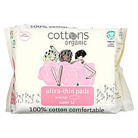 Гігієнічні прокладки Cottons, 100% Natural Cotton Coversheet, Ultra-Thin Pads with Wings, Super, 12 Pads, оригінал. Доставка від