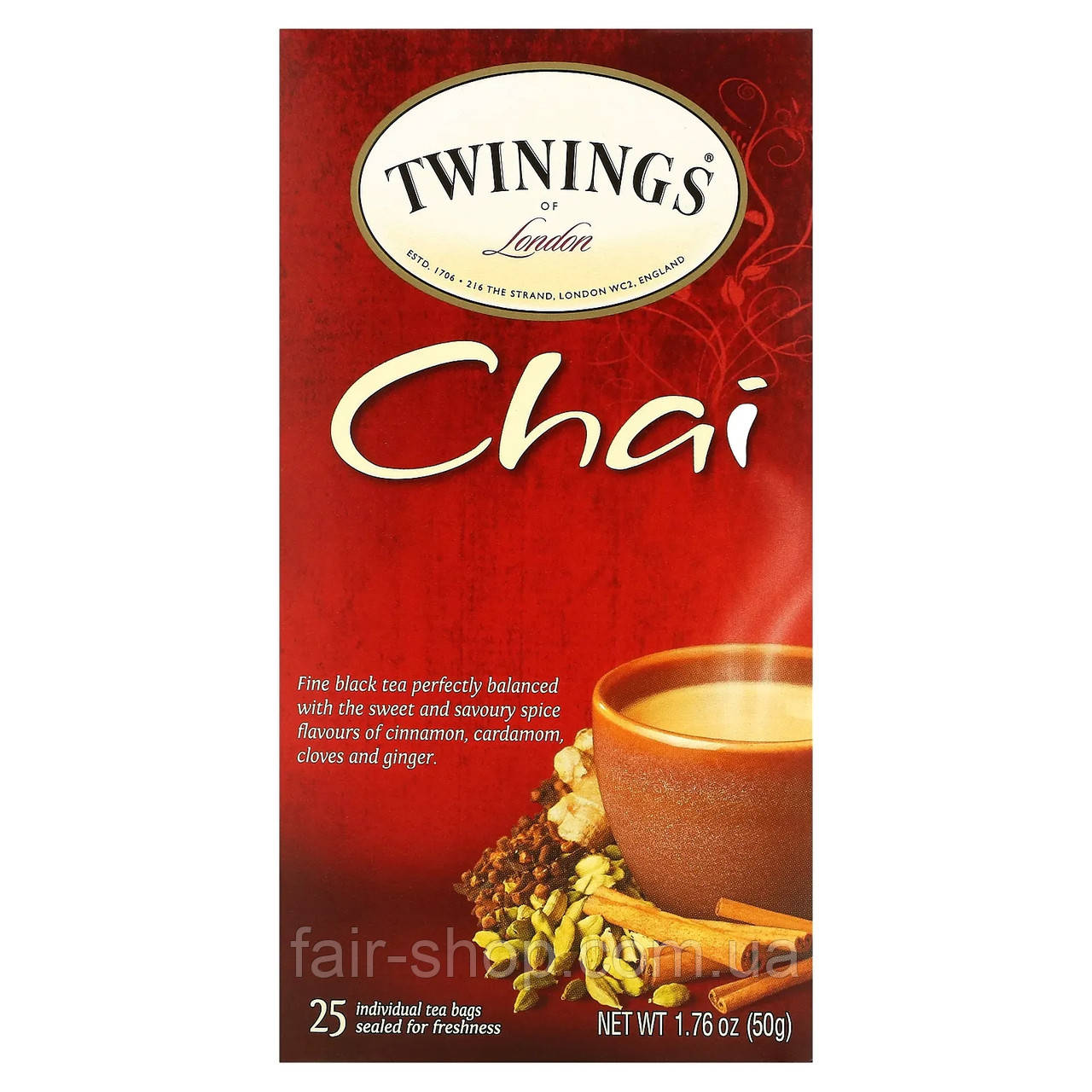 Чорний чай Twinings, Chai Tea, 25 Tea Bags, 1.76 oz (50 g), оригінал. Доставка з США/ЄС протягом 14 днів, фото 1