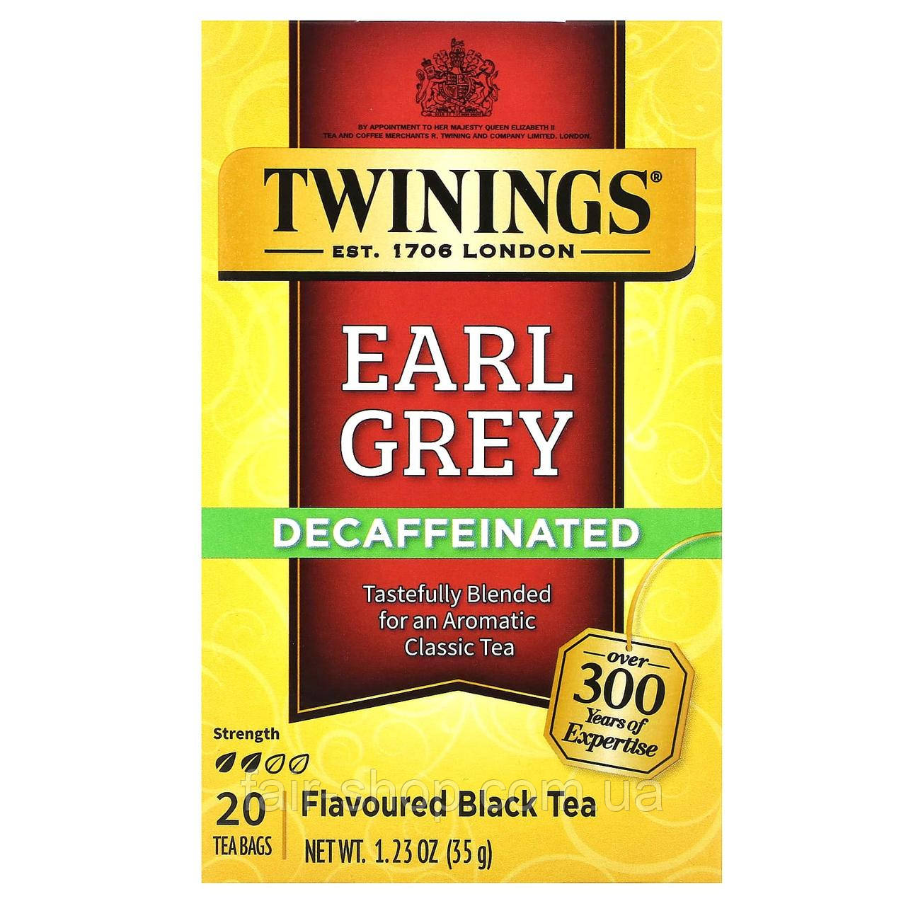Чорний чай Twinings, Flavored Black Tea, Earl Grey, Decaffeinated, 20 Tea Bags, 1.23 oz (35 g), оригінал. Доставка з США/ЄС, фото 1