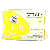 Гигиенические прокладки Cottons, 100% Natural Cotton Coversheet, Pre-Menopause Pads with Wings, 8 Pads