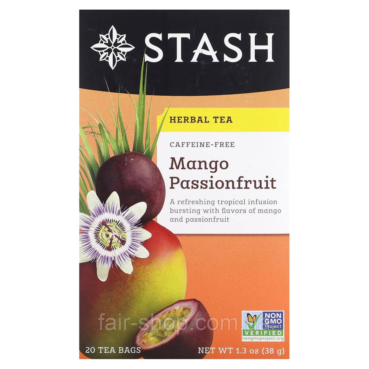 Фруктовий чай Stash Tea, Herbal Tea, Mango Passionfruit, Caffeine Free, 20 Tea Bags, 1.3 oz (38 g), оригінал. Доставка з США/ЄС, фото 1