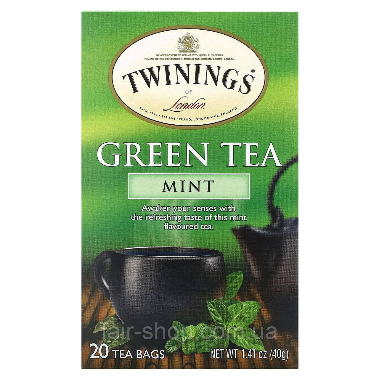 Зелений чай Twinings, Green Tea, Mint, 20 Tea Bags, 1.41 oz (40 g), оригінал. Доставка з США/ЄС протягом 14 днів, фото 1
