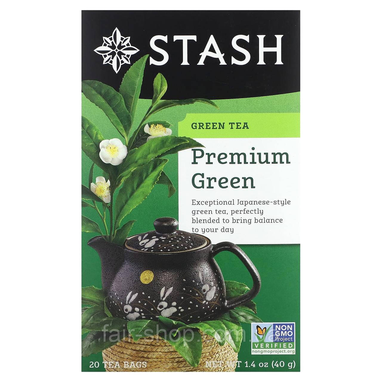 Зелений чай Stash Tea, Green Tea, Premium Green, 20 Tea Bags, 1.4 oz (40 g), оригінал. Доставка з США/ЄС протягом 14 днів, фото 1