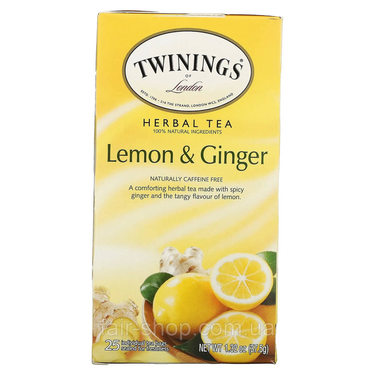 Імбирний чай Twinings, Herbal Tea, Lemon & Ginger, Caffeine Free, 25 Tea Bags, 1.32 oz (37.5 g), оригінал. Доставка з США/ЄС, фото 1