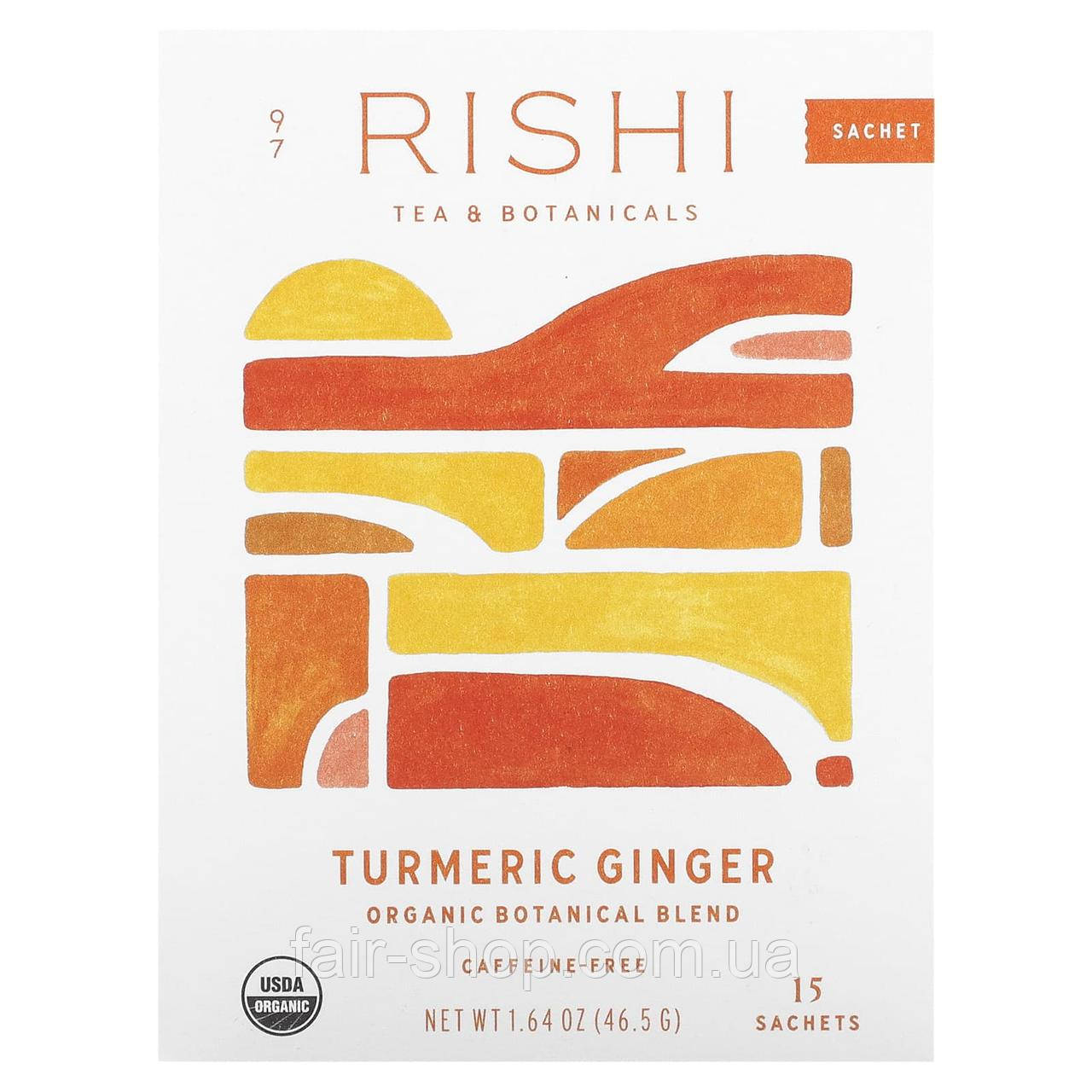 Імбирний чай Rishi Tea, Organic Botanical Blend, Turmeric Ginger, Caffeine-Free, 15 Sachets, 1.64 oz (46.5 g), оригінал. Доставка, фото 1