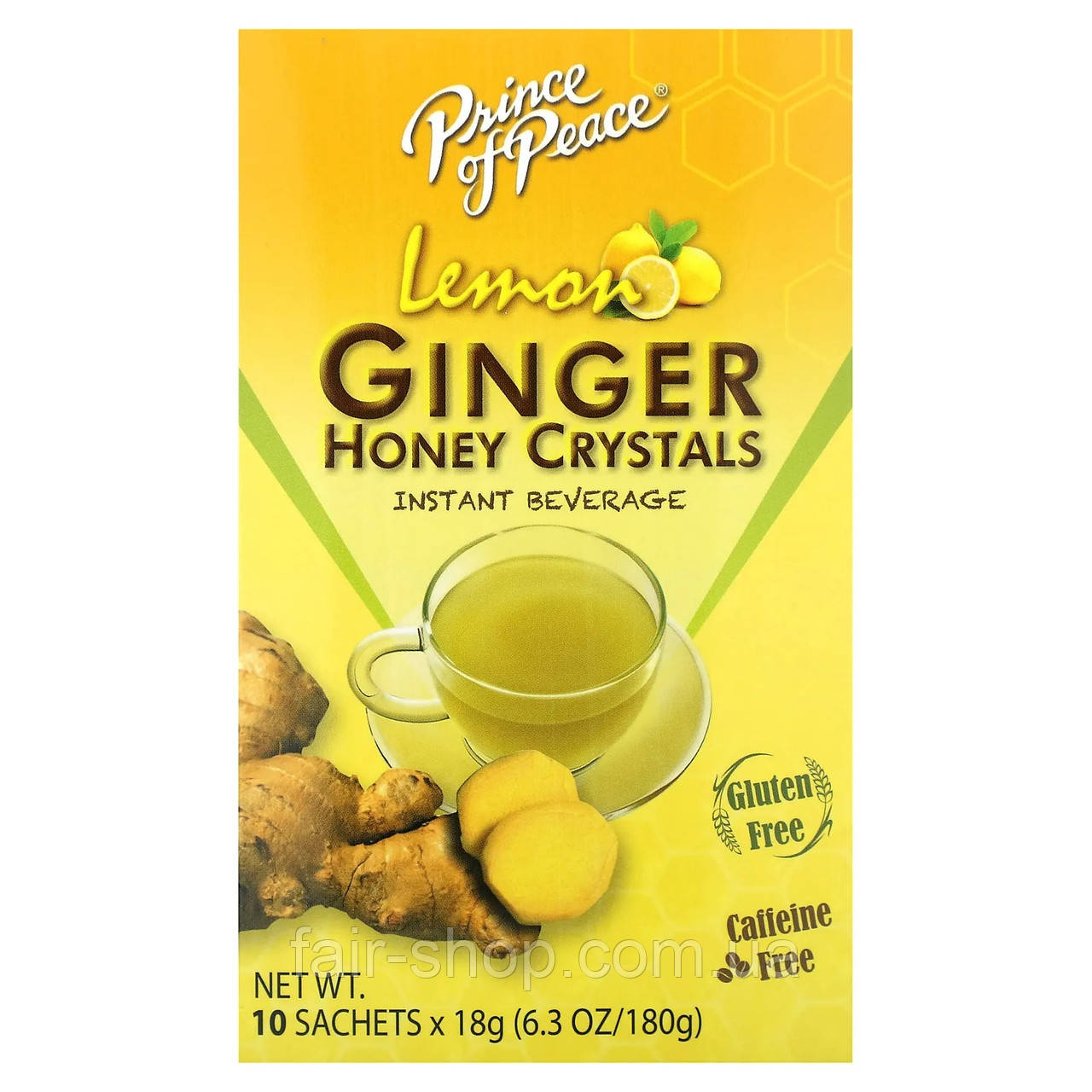 Імбирний чай Prince of Peace, Honey Crystals Instant Beverage, Caffeine Free, Lemon Ginger, 10 Sachets, 6.3 oz (180 g), оригінал., фото 1
