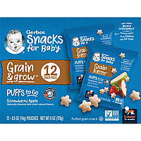 Дитячі снеки Gerber, Snacks for Baby, Grain & Grow, Puffs to Go, 8+ Months, Strawberry Apple, 12 Snack Packs, 0.5 oz (14 g) Each,