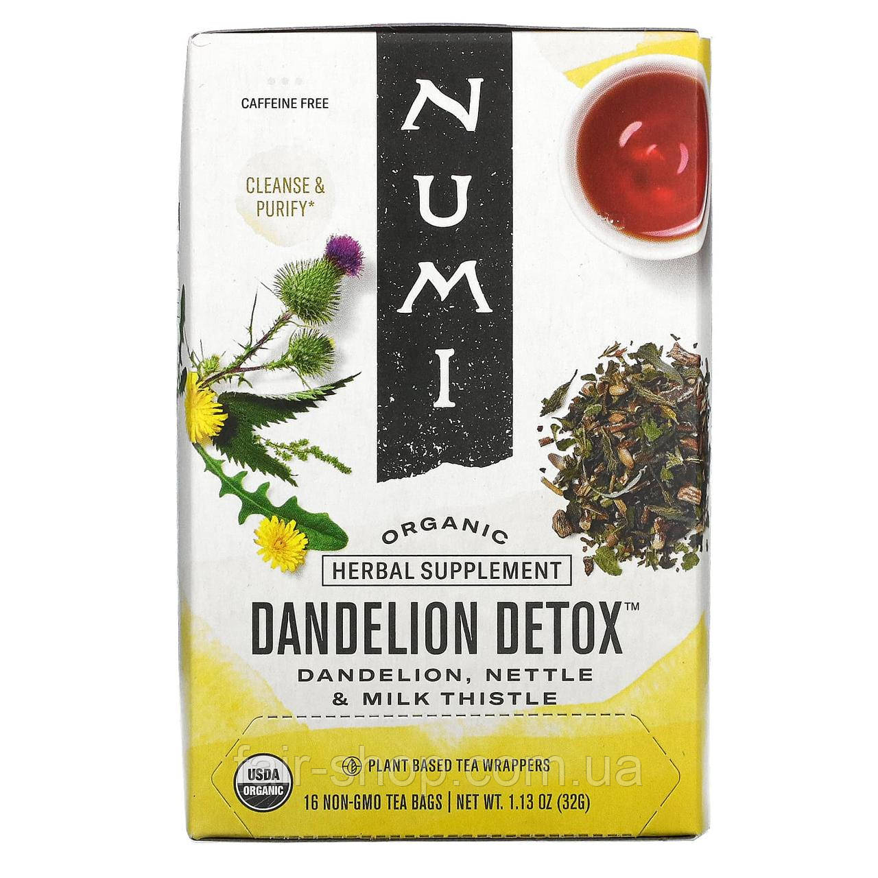 Чай з кульбаб Numi Tea, Organic, Dandelion Detox, Caffeine Free, 16 Non-GMO Tea Bags, 1.13 oz (32 g), оригінал. Доставка з США/ЄС, фото 1