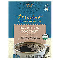 Чай из одуванчиков Teeccino, Organic Roasted Herbal Tea, Dandelion Coconut, Caffeine Free, 10 Tea Bags, 2.12