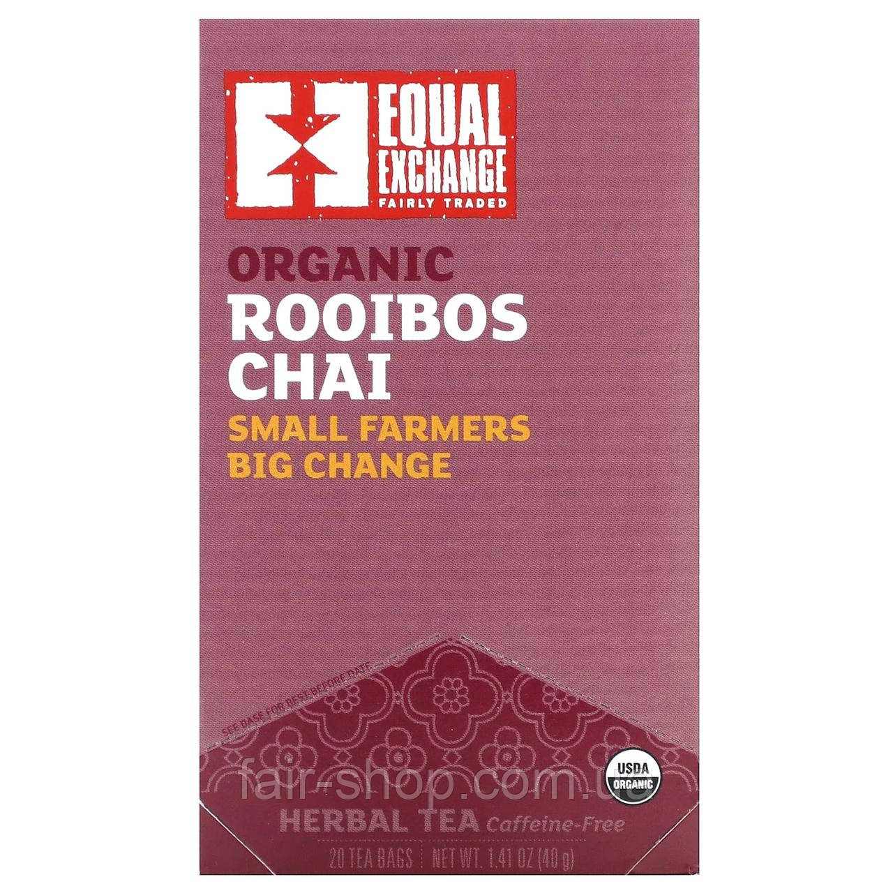Чай Ройбуш Equal Exchange, Organic Rooibos Chai, Herbal Tea, Caffeine-Free, 20 Tea Bags, 1.41 oz (40 g), оригінал. Доставка з, фото 1