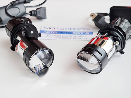 Світлодіодні Bi-LED лед лампи лінзи A80 цоколь H4, міні бі-лінзи 5700К з обманкою (CanBus), фото 1