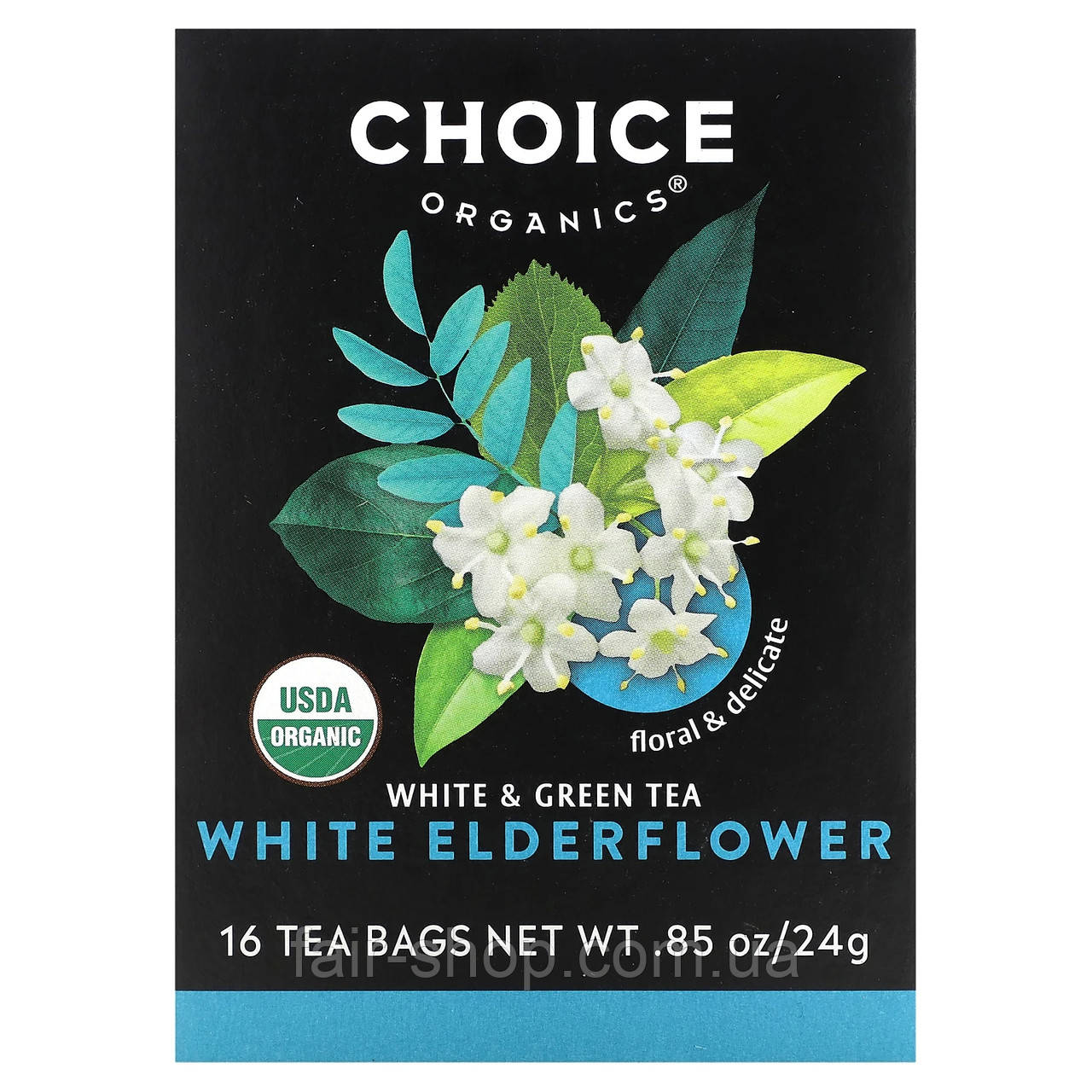 Білий чай Choice Organic Teas, White & Green Tea, White Elderflower, 16 Tea Bags, 0.85 oz (24 g), оригінал. Доставка з США/ЄС, фото 1