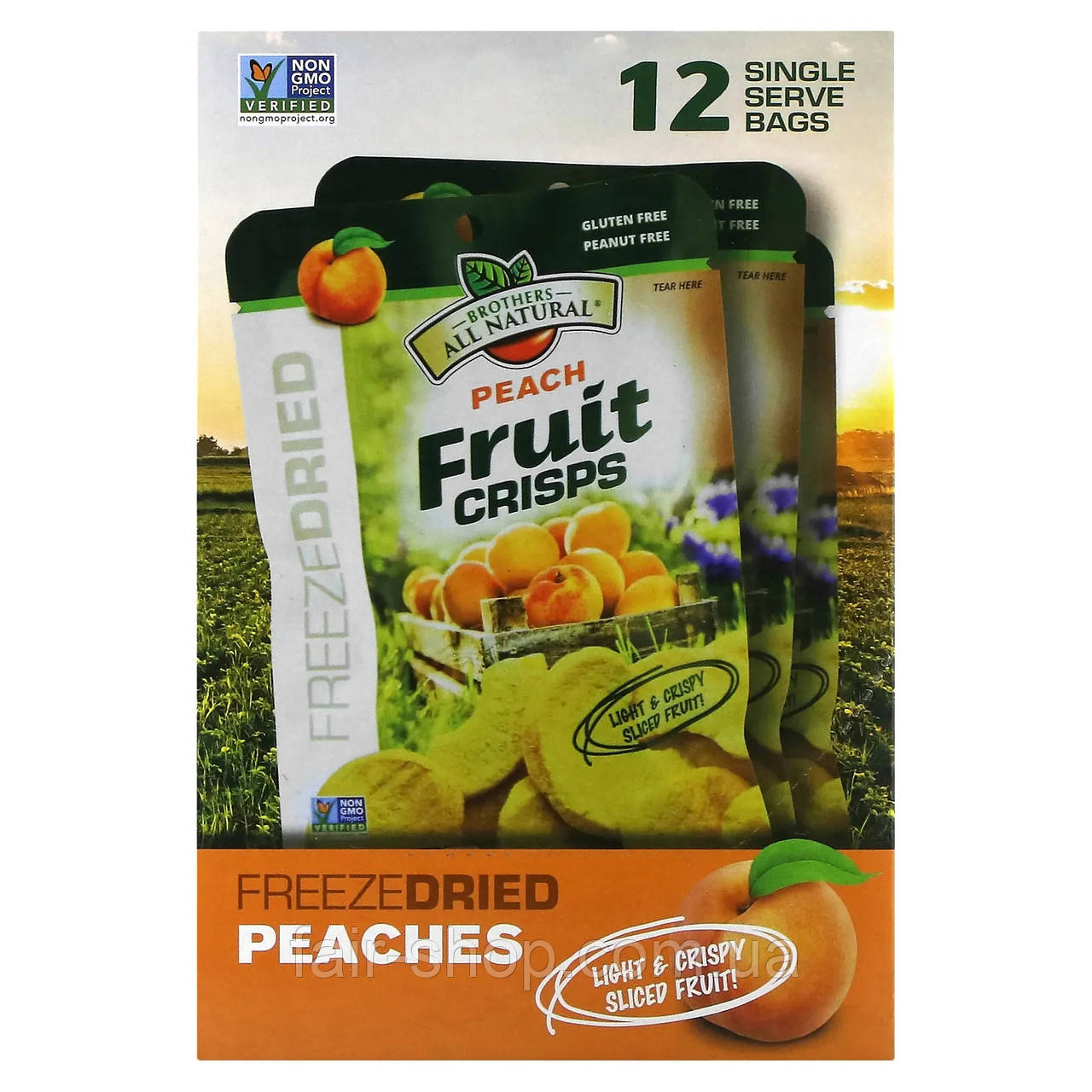 Brothers-All-Natural, Fruit Crisps, Peach, 12 Single Serve Bags, 0.28 oz (8 g) Each, оригінал. Доставка з США/ЄС протягом 14 днів, фото 1