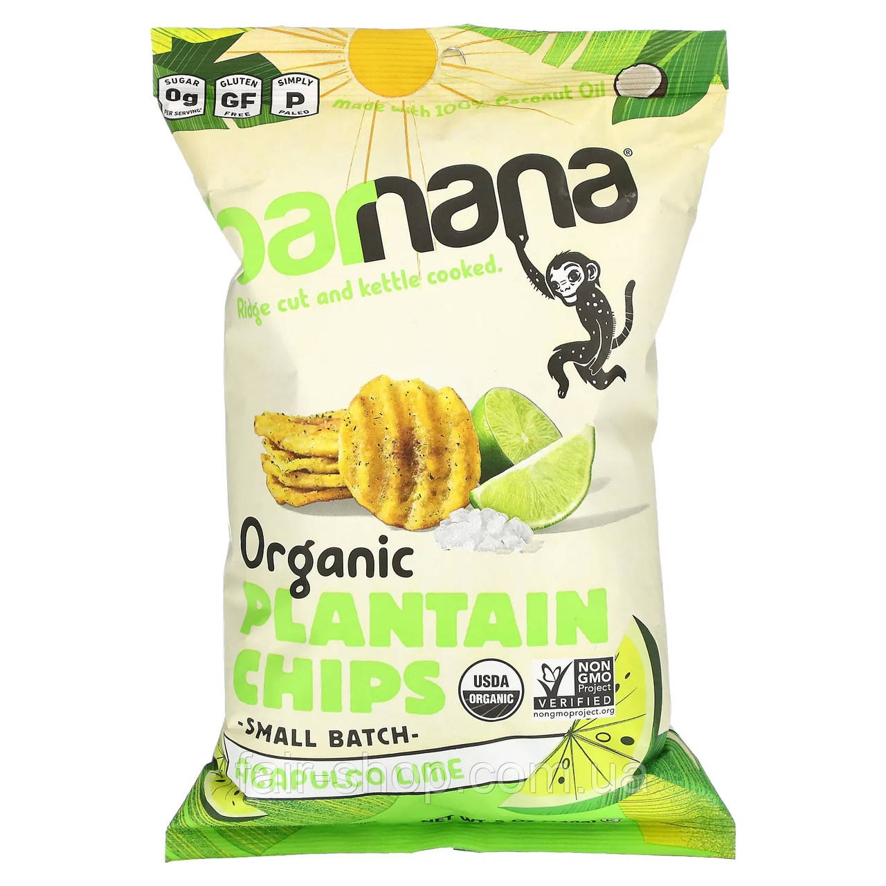 Чіпси Barnana, Organic Plantain Chips, Acapulco Lime, 5 oz (140 g), оригінал. Доставка з США/ЄС протягом 14 днів, фото 1