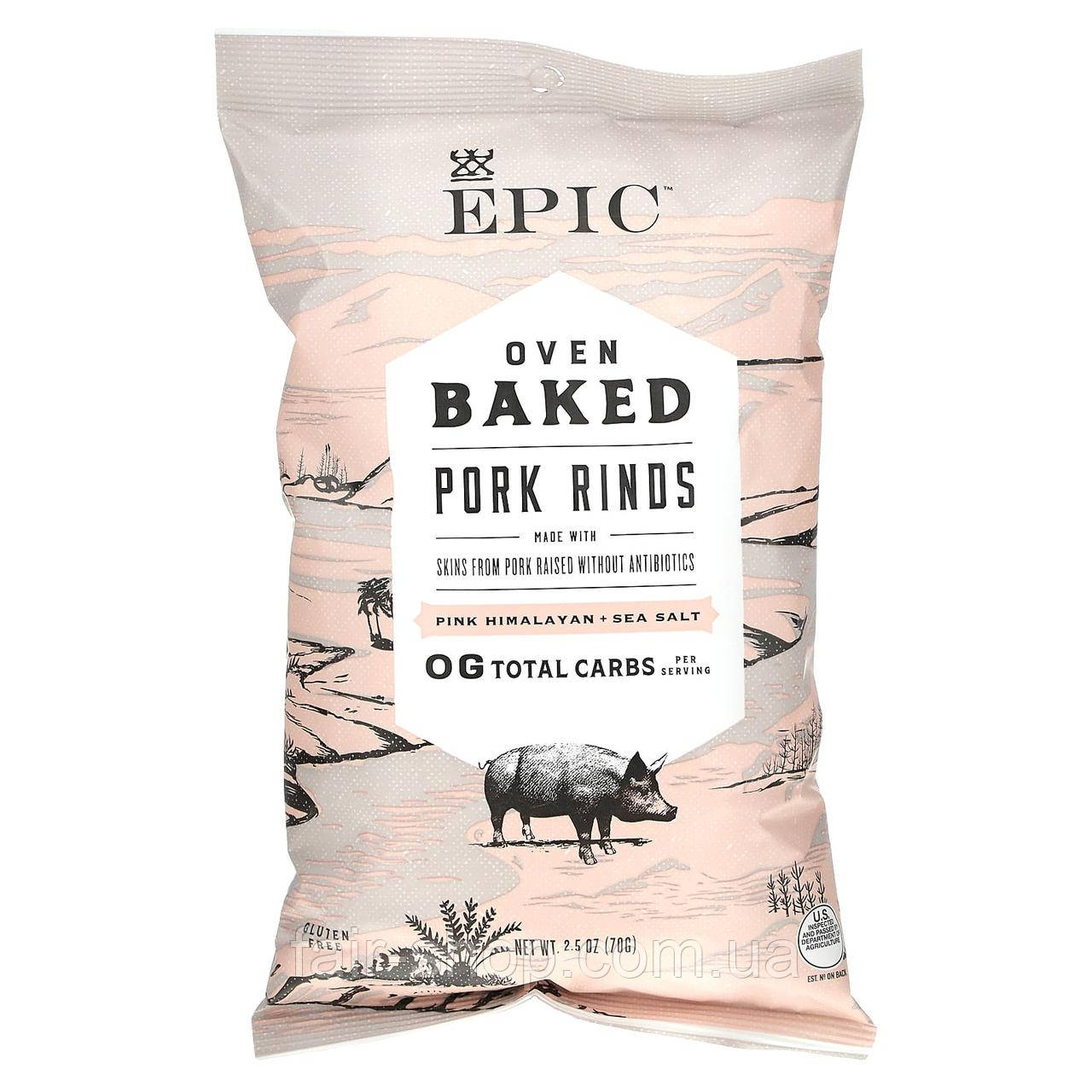 Чіпси Epic Bar, Oven Baked, Pork Rinds, Pink Himalayan + Sea Salt, 2.5 oz (70 g), оригінал. Доставка з США/ЄС протягом 14 днів, фото 1