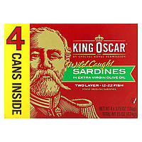 Сардины King Oscar, Wild Caught Sardines In Extra Virgin Olive Oil, 4 Cans, 3.75 oz (106 g) Each Доставка від