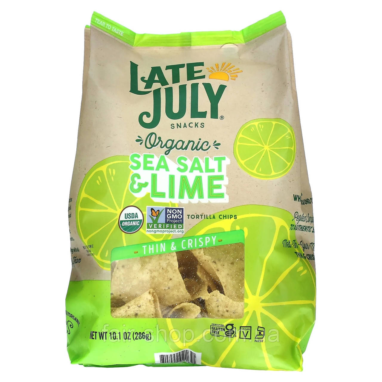 Чіпси Late July, Snacks, Organic Tortilla Chips, Thin & Crispy, Sea Salt & Lime, 10.1 oz (286 g), оригінал. Доставка з США/ЄС, фото 1