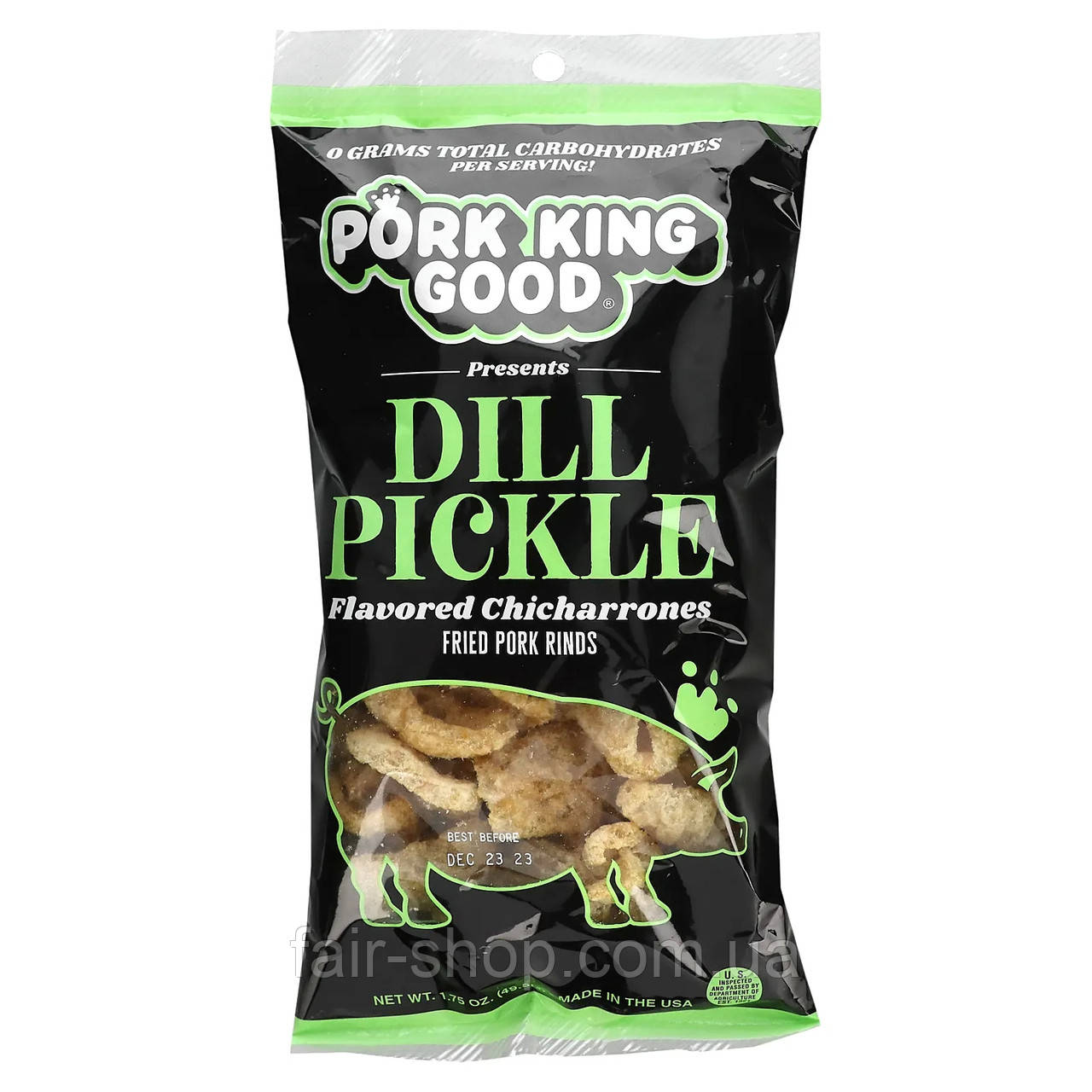 Чіпси Pork King Good, Flavored Chicharrones, Dill Pickle, 1.75 oz (49.5 g), оригінал. Доставка з США/ЄС протягом 14 днів, фото 1