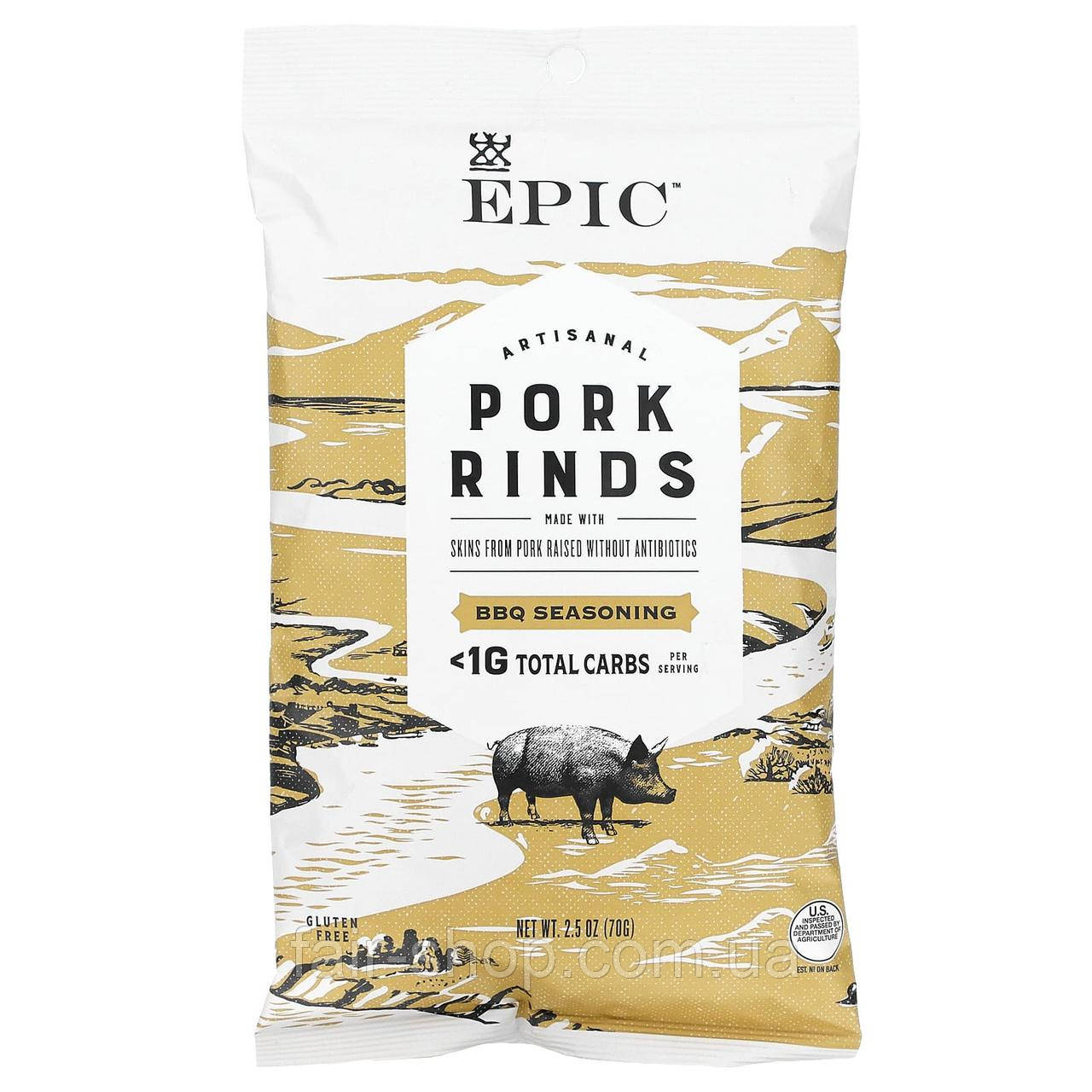 Чіпси Epic Bar, Artisanal Pork Rinds, BBQ Seasoning, 2.5 oz (70 g), оригінал. Доставка з США/ЄС протягом 14 днів, фото 1