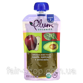 Дитяче пюре Plum Organics, Organic Baby Food, 6+ Months, Apple, Spinach + Avocado, 3.5 oz (99 g), оригінал. Доставка з США/ЄС