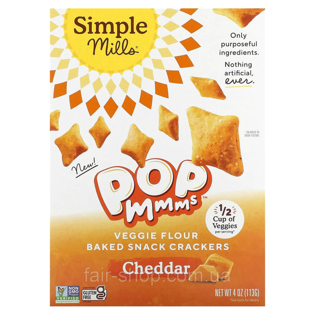 Крекери Simple Mills, Pop Mmms, Veggie Flour Baked Snack Crackers, Cheddar, 4 oz (113 g), оригінал. Доставка з США/ЄС протягом 14, фото 1