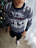 Чоловічий новорічний светр з оленями та будиночками синій без горла вовняний (N)