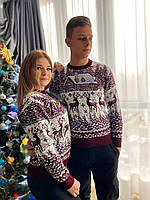Парные новогодние свитера для пары с оленями бордовые без горла шерстяные XL (N)