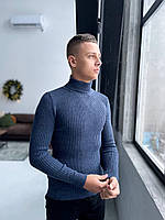 Чоловічий класичний зимовий светр вовняний у рубчик синій утеплений під горло (N)