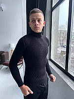 Чоловічий класичний зимовий светр вовняний у рубчик чорний утеплений під горло (N)