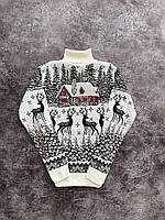 Мужской зимний новогодний свитер белый с оленями под горло шерстяной Кофта с новогодним принтом (N)