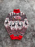 Чоловічий зимовий новорічний светр червоний з оленями під горло вовняний Кофта з новорічним принтом (N)