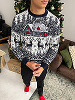 Чоловічий зимовий новорічний светр синій з оленями без горла вовняний Кофта з новорічним принтом (N)
