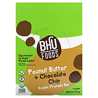 Протеиновые батончики BHU Foods, Vegan Protein Bar, Peanut Butter + Chocolate Chip, 12 Bars, 1.6 oz (45 g)