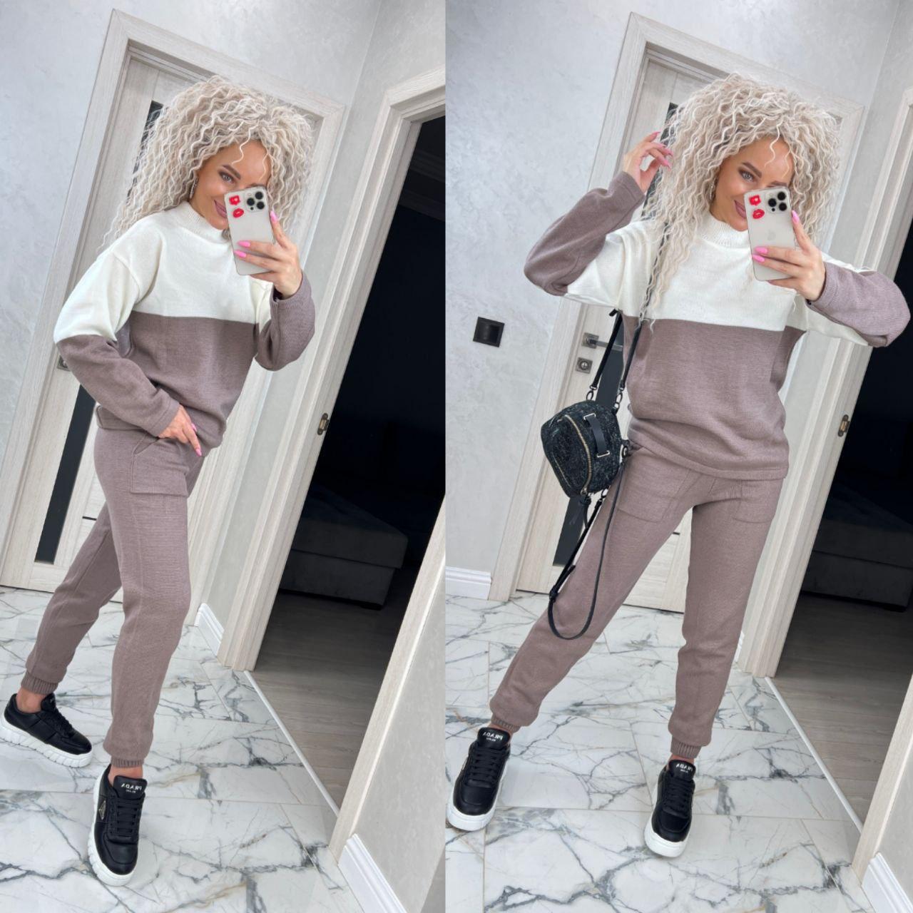 Базовий жіночий костюм/комплект "Леді" кофта+штани (Onsize 42-46), Мокко/Білий