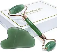 Зеленый массажный набор ролик и скребок гуаша для лица Jade Roller