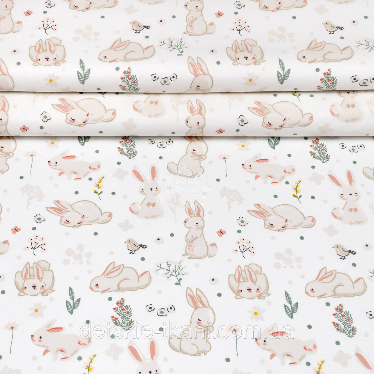 Ранфорс "Зайчики і квіточки" на білому тлі, №4909, фото 1