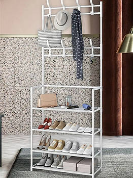 Підлогова вішалка для одягу з полицями для взуття та гачками стійка для речей стелаж Біла