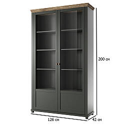 Дводверна шафа вітрина Evora 126 см зелена та дуб лефлакс темний з підсвічуванням для вітальні неокласика