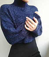 Модный молодёжный женский укороченный велюровый свитер тёмно-синий размер оверсайз р.42