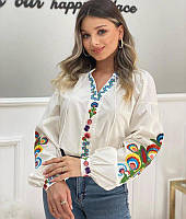 Вышиванка блуза женская, белого цвета с вышивкой, рукава длинные размеры S, M, L