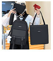 Рюкзак з накладною кишенькою чорний  з сумочками та пеналом в комплекті з брелком ведмедикам