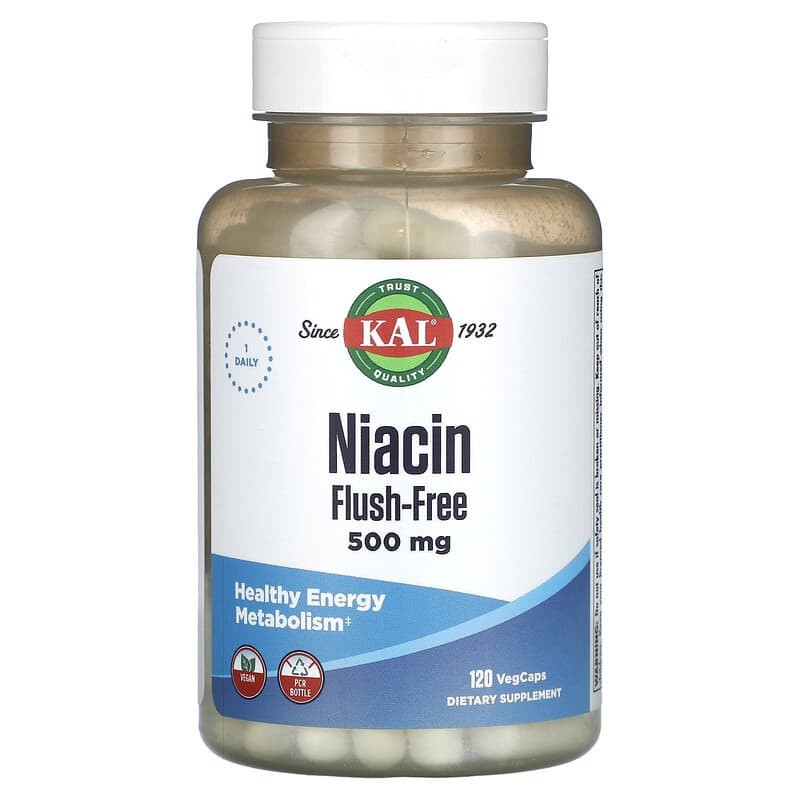Ніацин KAL "Niacin Flush-Free" без почервоніння, 500 мг (120 рослинних капсул), фото 1
