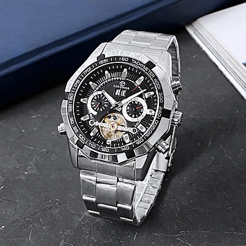 Механічний чоловічий наручний годинник з датою сталевий Forsining, класичний годинник механічний з браслетом