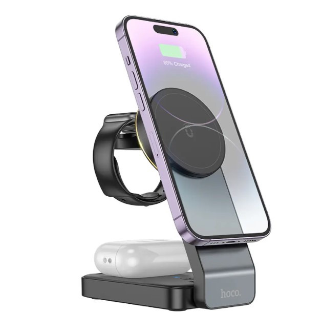 Безпровідна зарядка підставка HOCO CQ3 для iPhone iWatch/Airpods на 5-15W QI 3А чорна