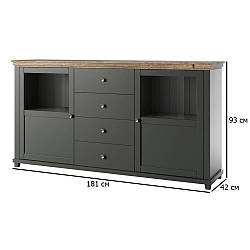 Довгий комод вітрина неокласика Evora 181 см зелений та дуб лефлакс темний з підсвічуванням у кімнату