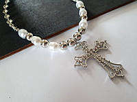 Масивний чокер кольє з перлів кулон-хрест